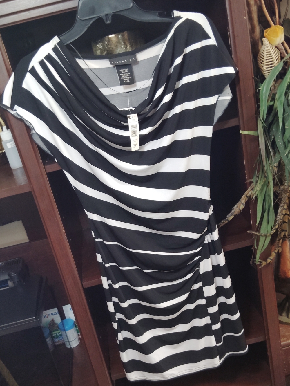 attention Black and White Striped Draped Midi Dress